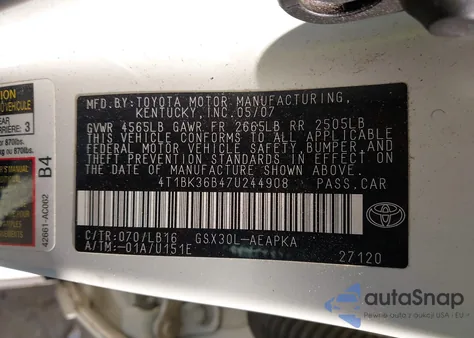 2007 Toyota Avalon Limited z USA, uszkodzony, nr VIN 4T1BK36B47U244908